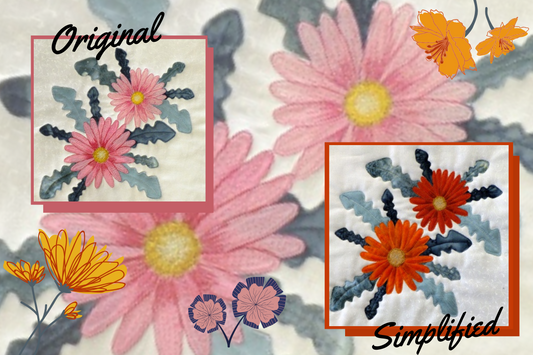 comparing two African Daisy flower blocks - original and simplified