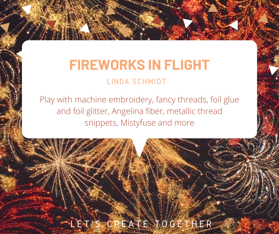 Play with machine embroidery, fancy threads, foil glue and foil glitter, Angelina fiber, metallic thread snippets, Mistyfuse and more