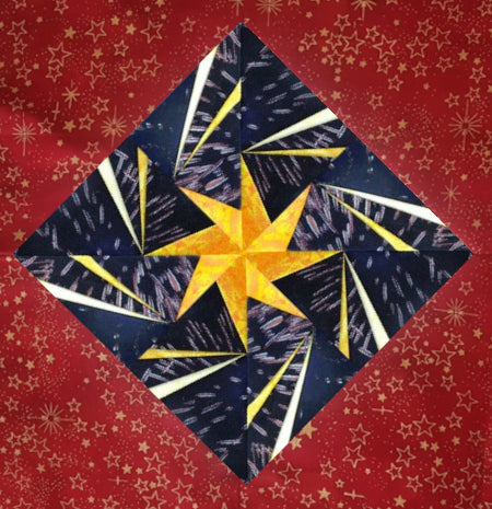 Foundation pieced fireworks block with red starry border triangles