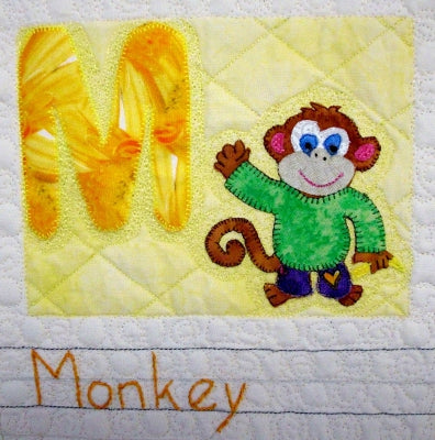 applique monkey and letter M - a block in the ABC quilt pattern