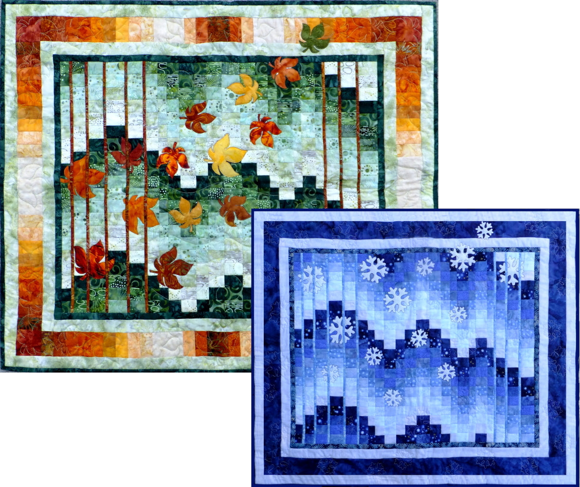 two fractured bargello quilt patterns with applique leaves and snowflakes.