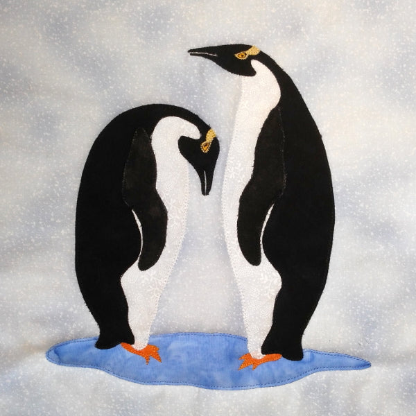 applique penguin quilt block with two penguins