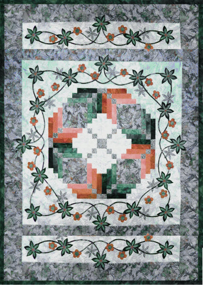 A rectangular quilt with wreath of patchwork and applique using popular Hoffman fabrics