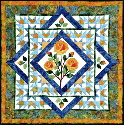 a patchwork and applique quilt with applique rose bush of flowers and buds in the center and pieced blocks around it. This advanced quilt pattern includes all instructions for both patchwork and applique.