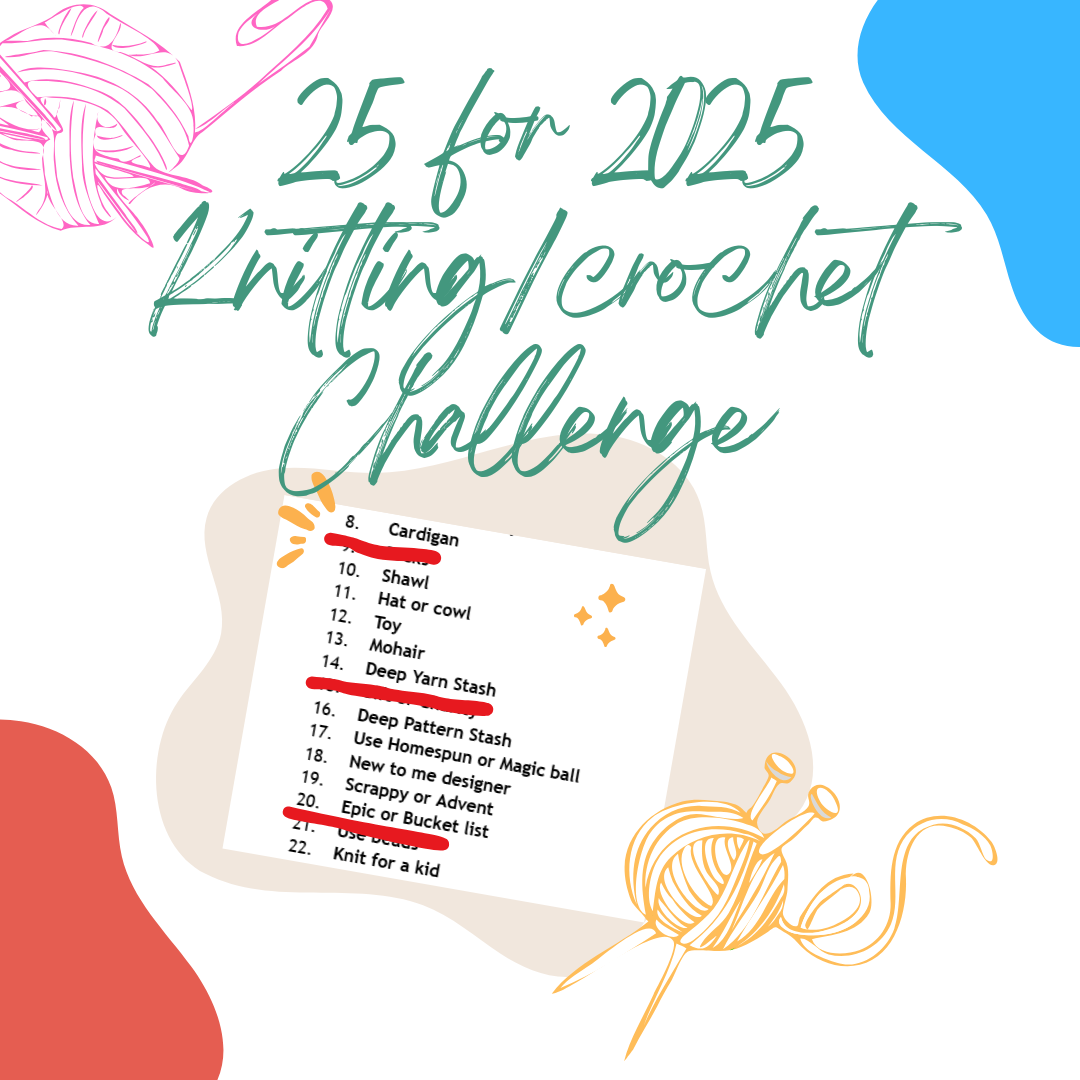 25 for 2025 is a list of knitting and/or crochet projects or techniques that I want to check off for 2025