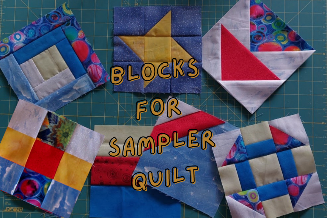 7 different blocks to make for sampler stitch a long - instructions for 9-patch, rail fence, friendship star, flying geese, flip block, churn dash, and log cabin