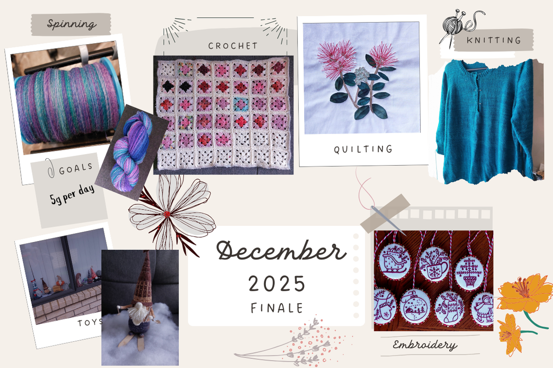 December 2025 achievements in quilting, knitting, crochet, spinning, embroidery, and toy making