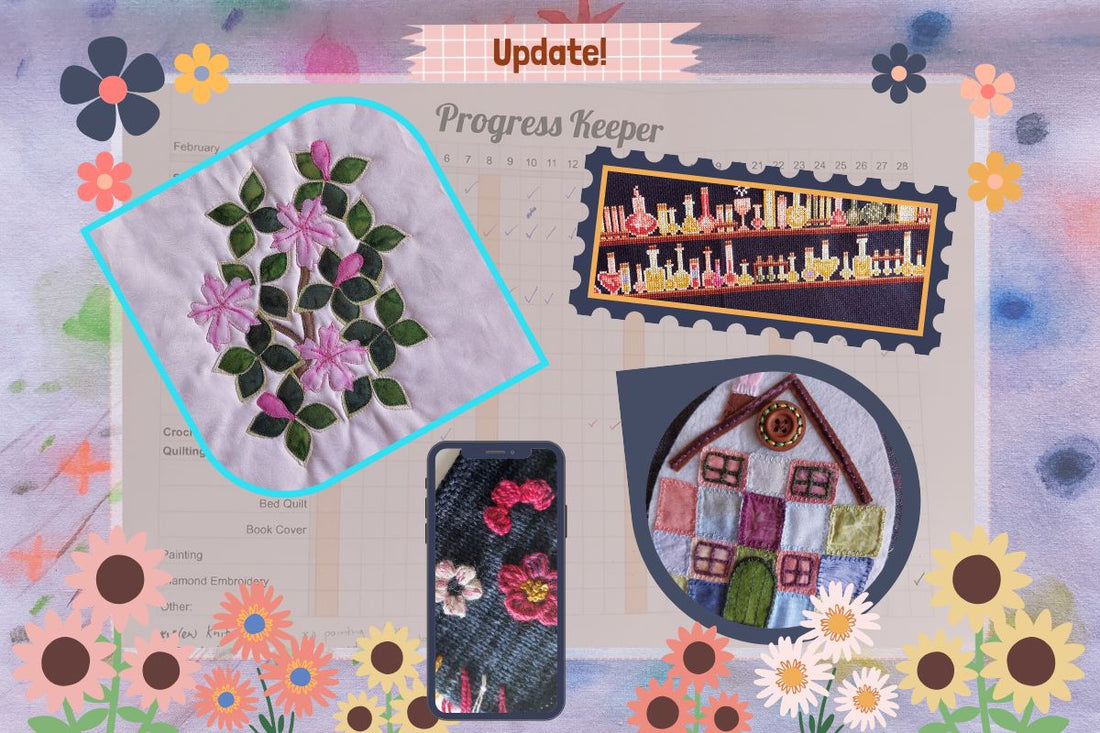 crafting update for February 2026 to include  applique, crochet, cross-stitch, diamond embroidery, embroidery, knitting, painting, patchwork, spinning