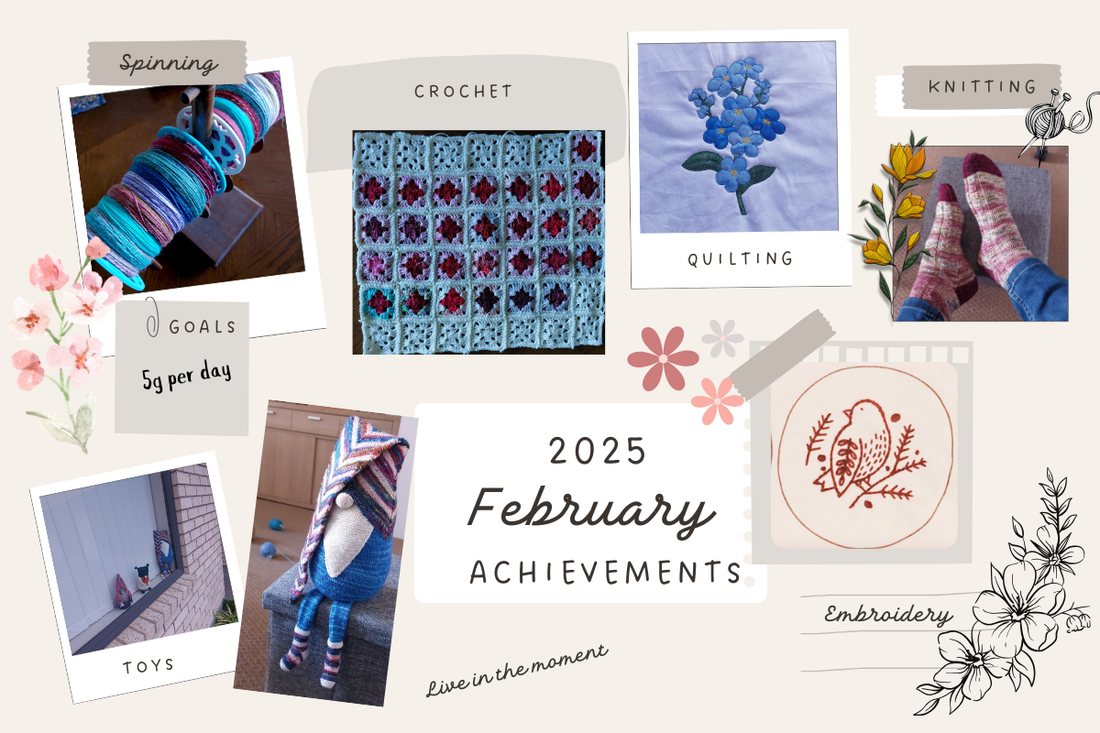 achievements for February 2025 in crafting goals for quilting, knitting, crochet, spinning, and embroidery