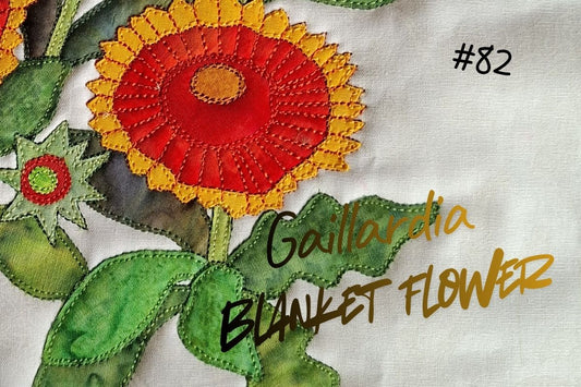 Gaillardia (Blanket Flower) applique quilt block featuring layered flowers, buds, stems, and detailed leaves ready for hand or machine applique.