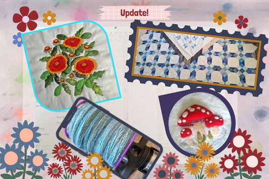 Crafting highlights through July 2026 includes new applique flower block, bed quilt in progress, spinning, and felting