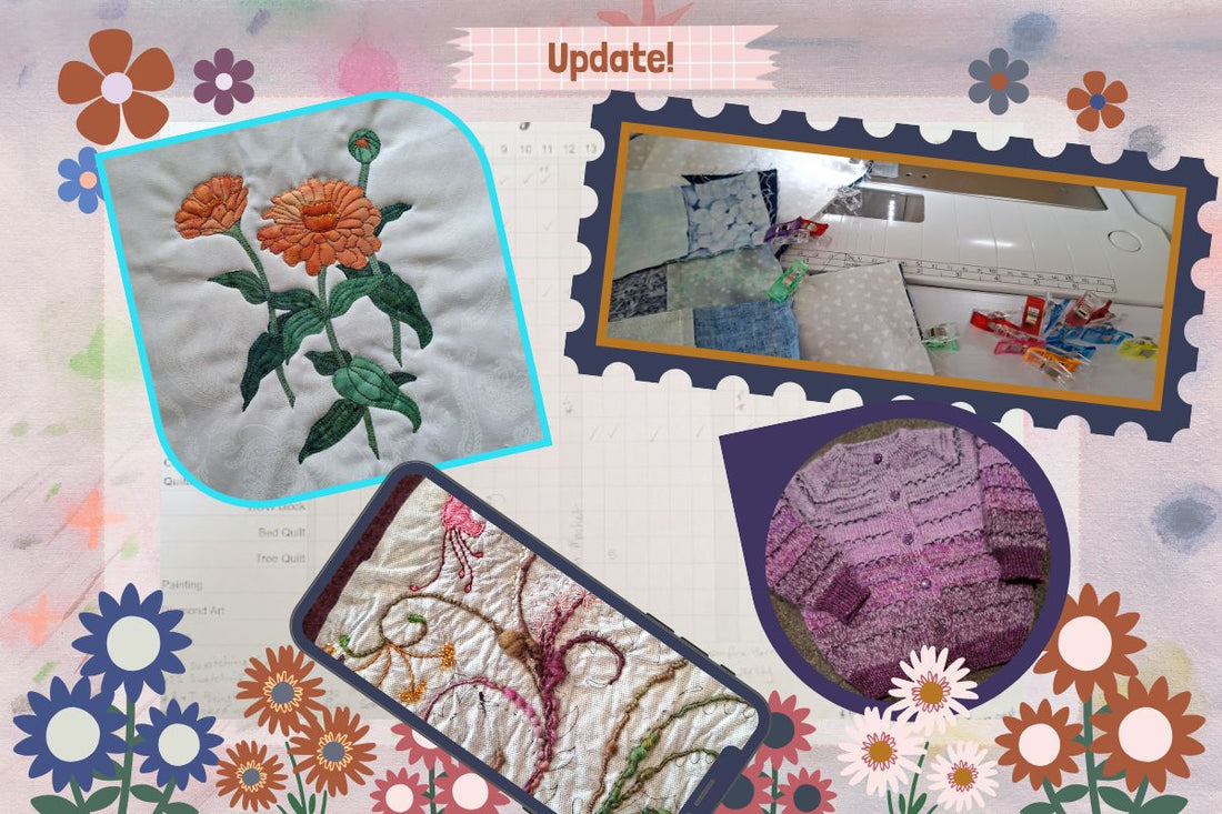 crafting through June updates highlighting new flower applique Zinnia, bed quilt progress, embroidery on felted bag and knitted cardigan