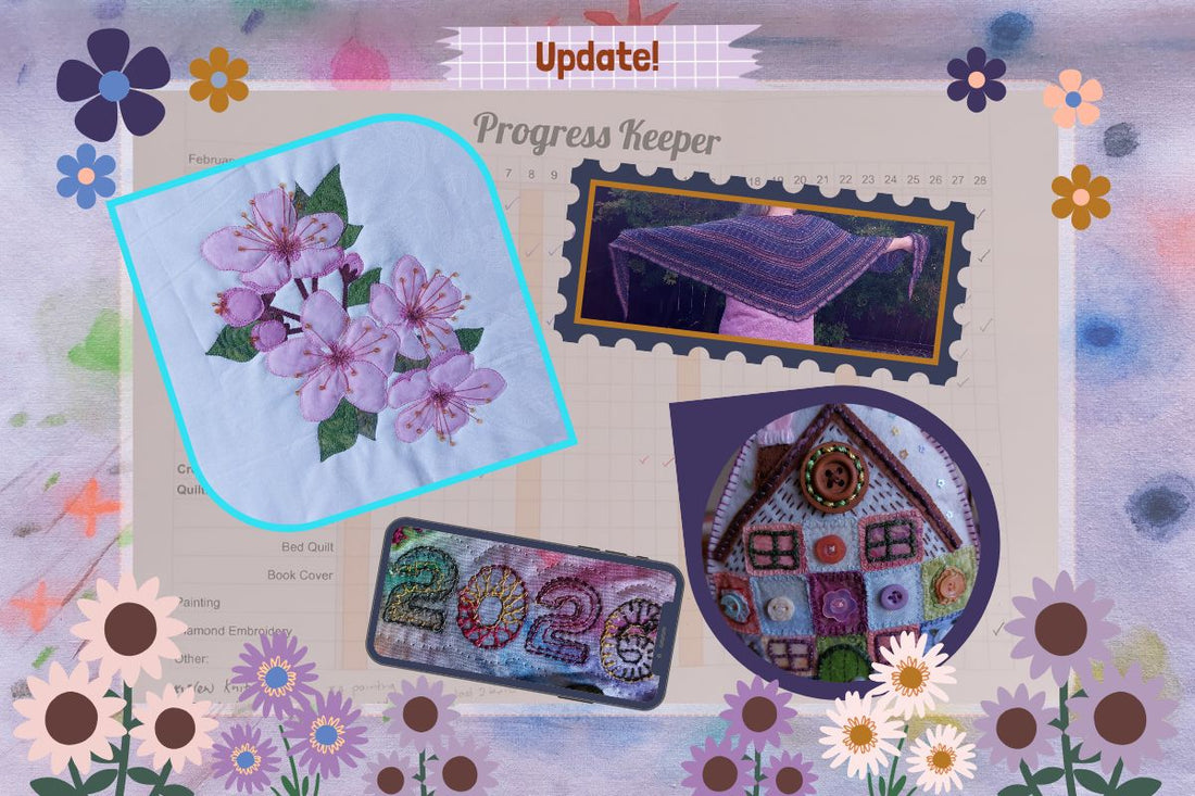 March's crafty updates include a number of different projects finished including BOW flower block, knitted shawl, socks, and jersey, and finished embroidered Egg House