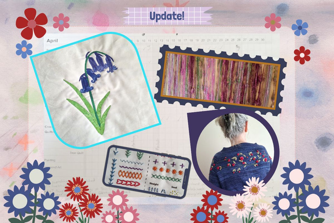 crafting progress through May 2026 includes quilting, applique, art yarn, knitting, spinning, embroidery, and more