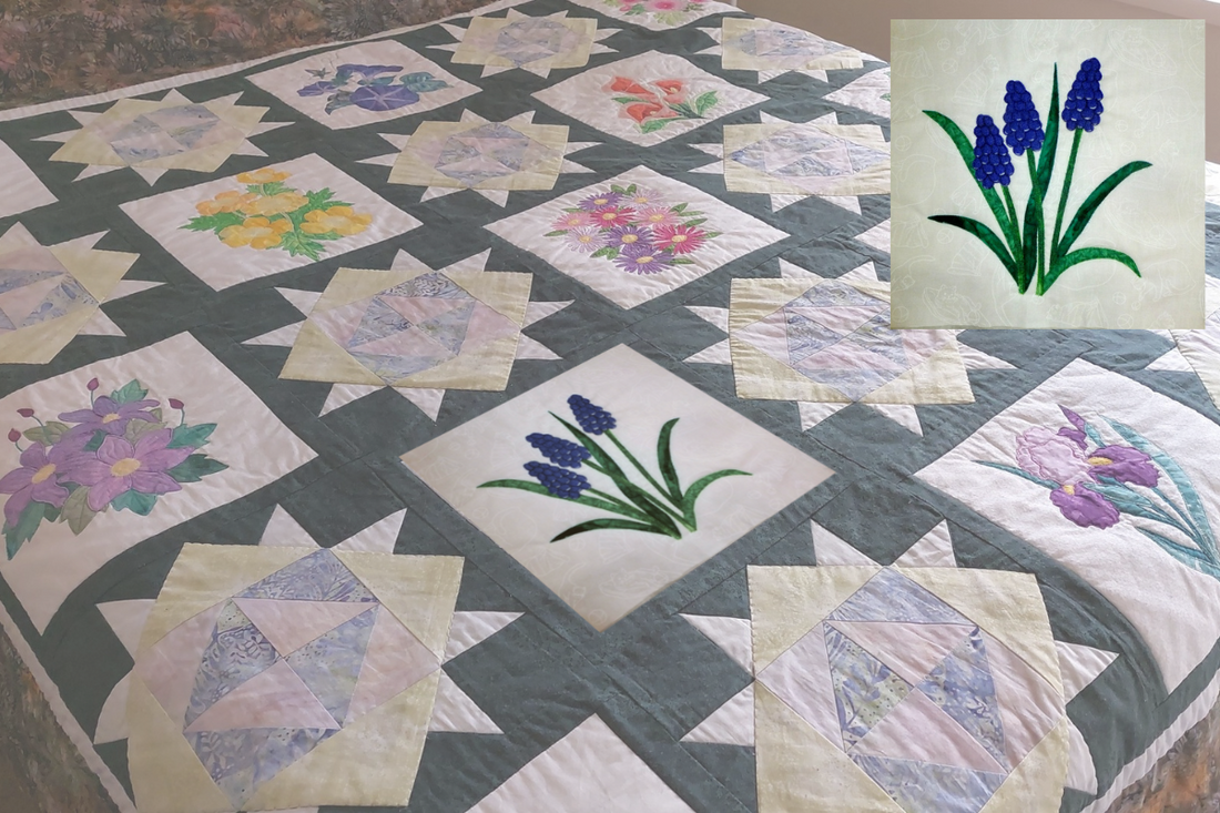 grape hyacinth flower block in a quilt