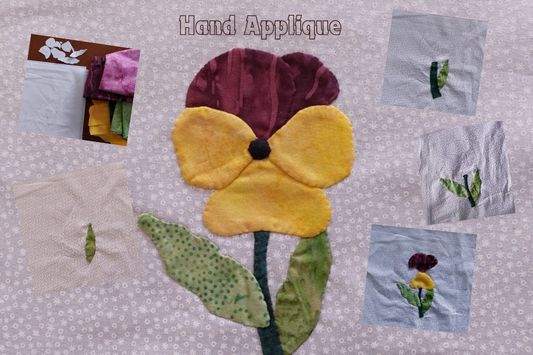 small pansy made using hand applique - original pattern pieces from the Pansy BOW flower block