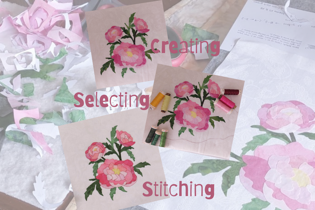 creating a peony flower block from scratch to stitching the finishing detail