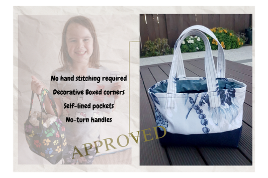 A nine-year old makes a project bag in less than 2 hours - it's that easy with no handstitching, decorative boxed corners, self-lined pockets, and no-turn handles