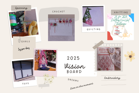 Crafty vision board for 2025 includes quilting, knitting, crocheting, embroidery, and spinning