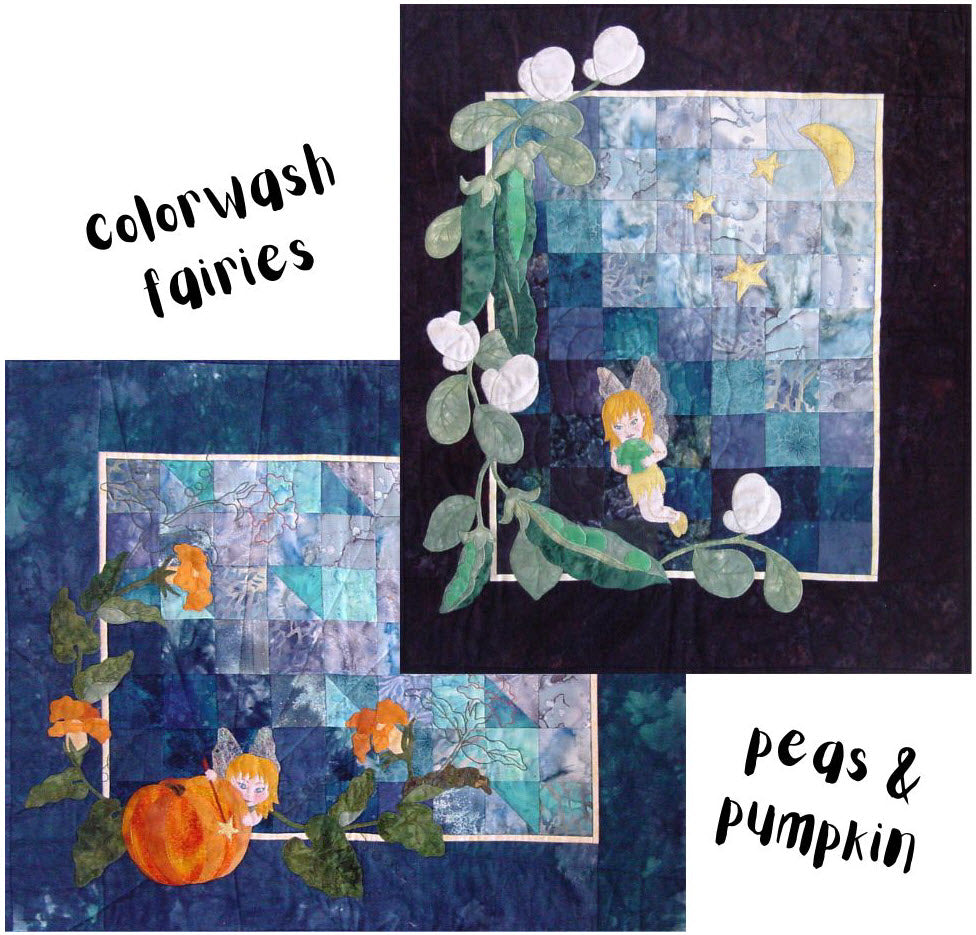 2 colorwash patchwork background quilts patterns with applique pea vine or pumpkin designs with fairy