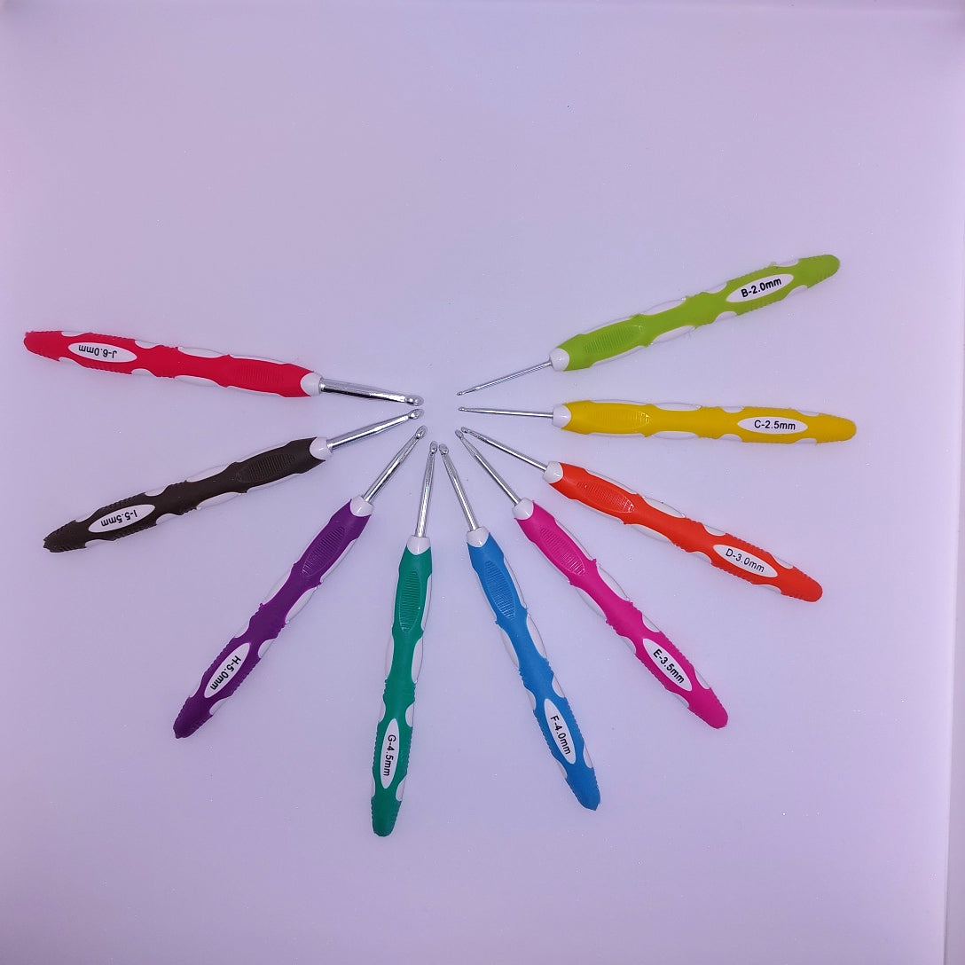 Ergonomic Crochet Hooks in various sizes. The soft handles make them easy to hold