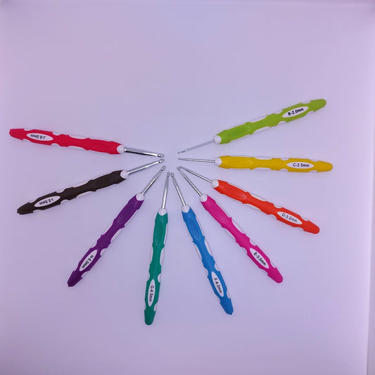 Ergonomic Crochet Hooks in various sizes. The soft handles make them easy to hold