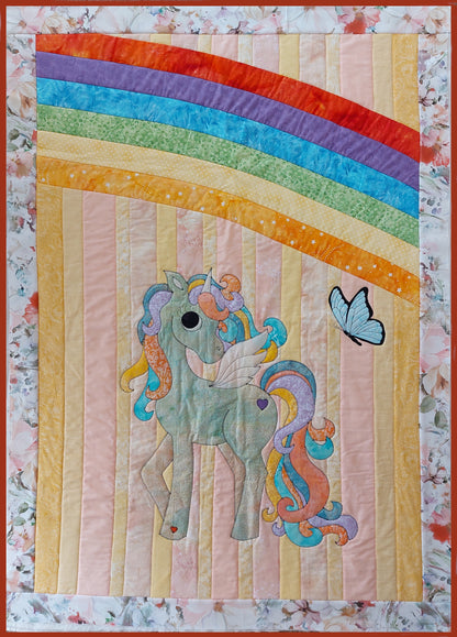 Hornicorns and butterflies quilt pattern includes unicorn, rainbow and butterfly