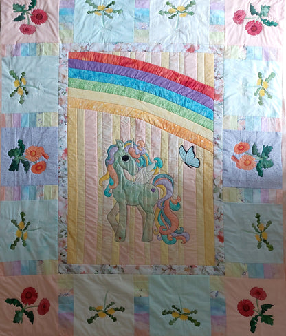 Hornicorns and Dandelions - a quilt using Hornicorn and Butterflies quilt pattern with dandelion blocks, gerbia blocks, and sashing.