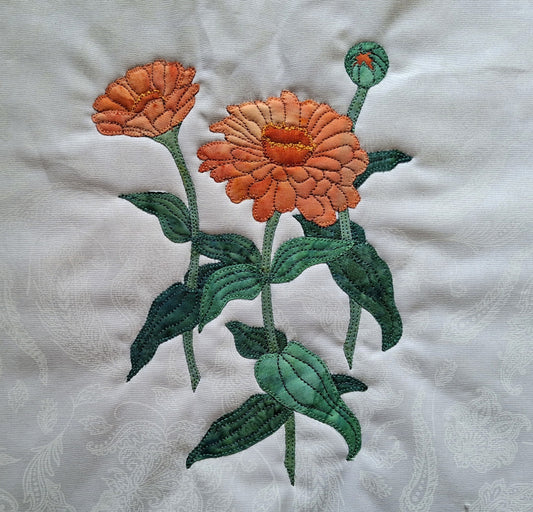 Zinnia flower block made in shades of orange - the 81st flower in the BOW flower applique collection