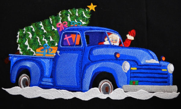 Downloadable Christmas embroidery of Chevy with Santa and Christmas tree