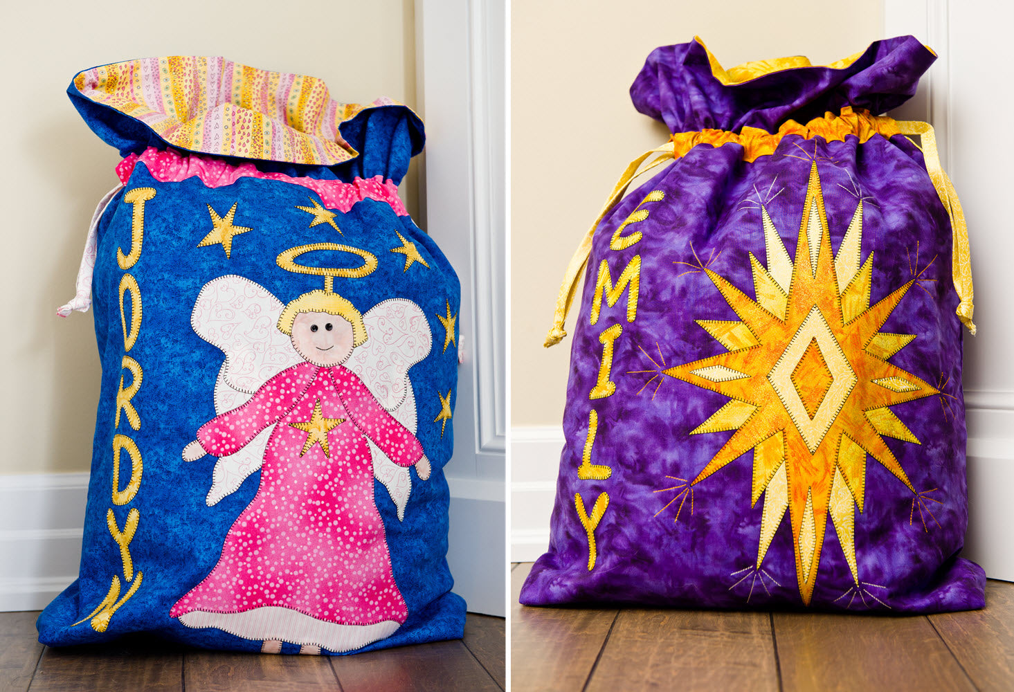 quilt pattern for personalized angel and star santa sacks.