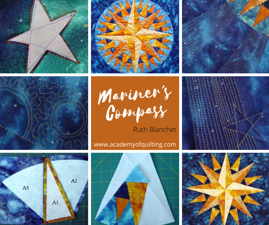 advanced mariners compass and beginners mariner's compass blocks with quilting designs in Ruth Blanchet's online workshop Mariner's Compass