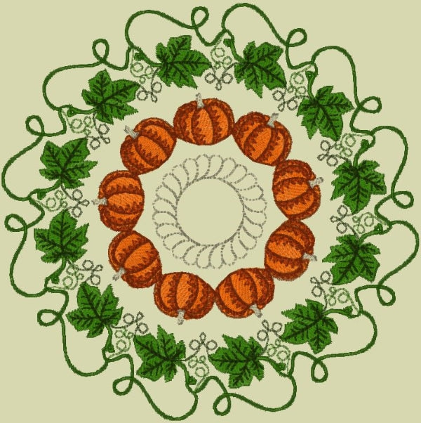 An Embroider design of a beautiful Pumpkin Patch design for Thanksgiving table runner with two sizes available. Designed by Billy Creek Designs