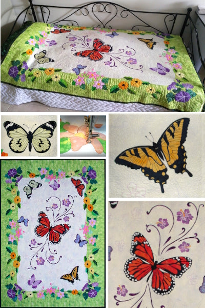Beautiful Butterflies and Flowers Block Of the Month project to learn various applique techniques, has easily adjustable size options, includes quilting and embroidery options.