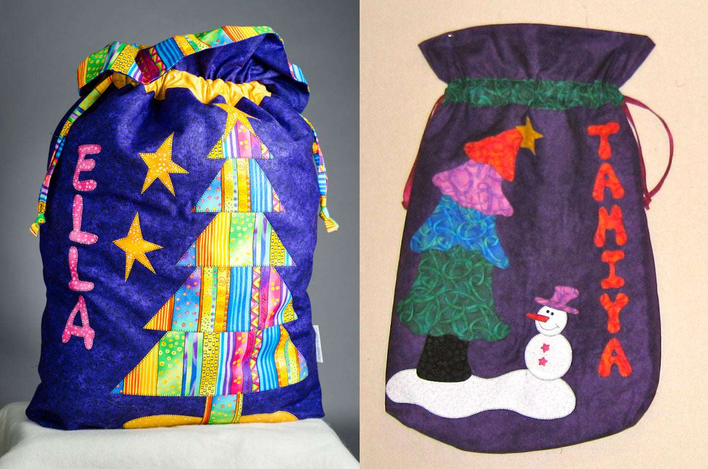personalized santa sack patterns with trees and snowman applique