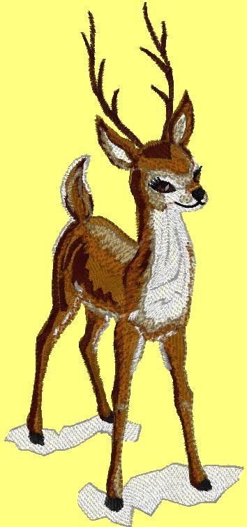 Embroidery design of a young buck in snow