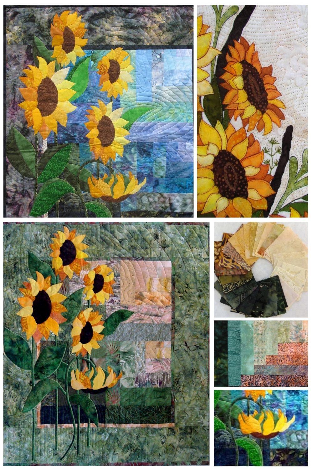Sunflowers at Dawn is the name of Ruth Blanchet's online workshop to create her Simply Sunflowers quilt design. Sunflowers are made realistic with the detailed stitching and shading of fabrics