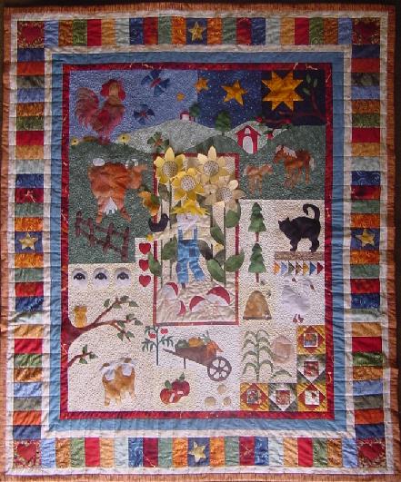 Ruth Blanchet's block of the month country quilt pattern. Learn foundation piecing, applique, dimensional applique, patchwork, inset seams and more.