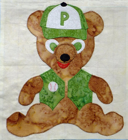 applique teddy bear quilt block - ball player teddy