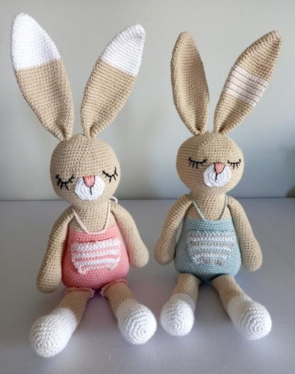 large crocheted bunnies in pink and blue clothes - baby soft toy