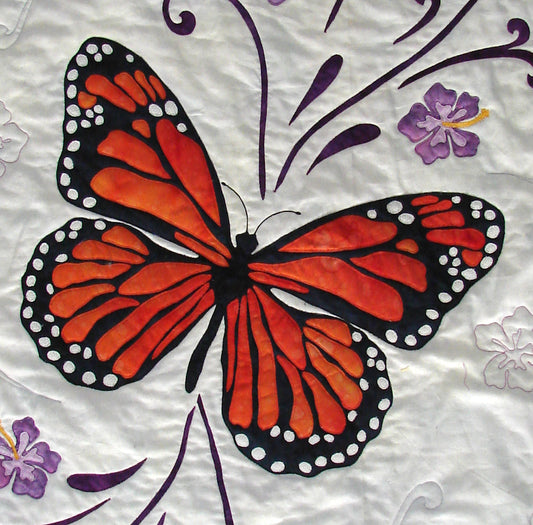 Single applique block pattern of monarch butterfly from Ruth Blanchet's Spring Life quilt pattern
