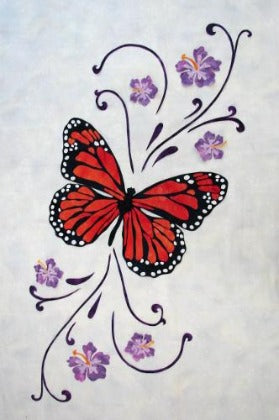 center panel of Spring Life quilt pattern by Ruth Blanchet with applique butterfly and hibiscus flowers