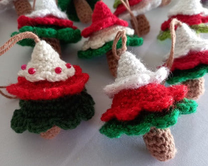 crocheted christmas tree decorations in red, white, and green - NZ made