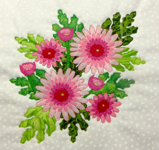 Chrysanthemum (mum) flower applique block pattern by Ruth Blanchet. 1 of more than 55 flower blocks