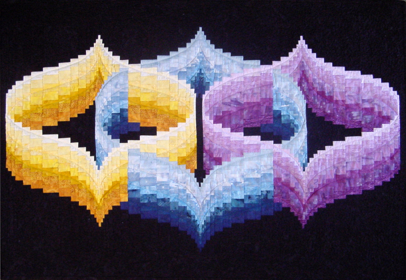 Color Connections is a bargello quilt design by Ruth Blanchet using 3 intertwined colors. Available as a download quilt pattern.