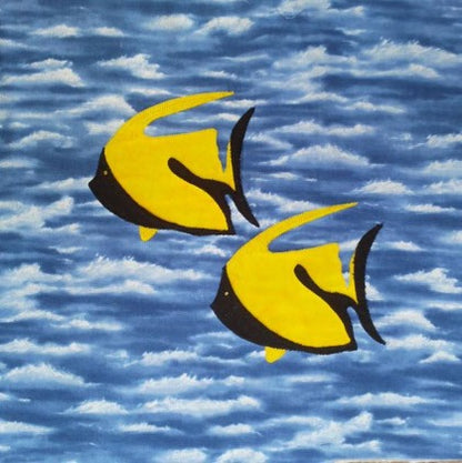 two yellow and black fish on a blue sealike background - animal quilt block pattern