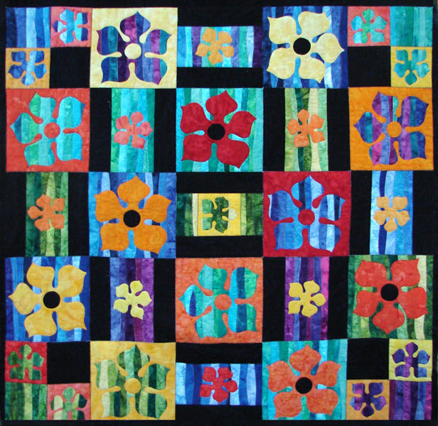 Colorful applique flowers quilt pattern using pre-cut jelly rolls and charm squares - square version
