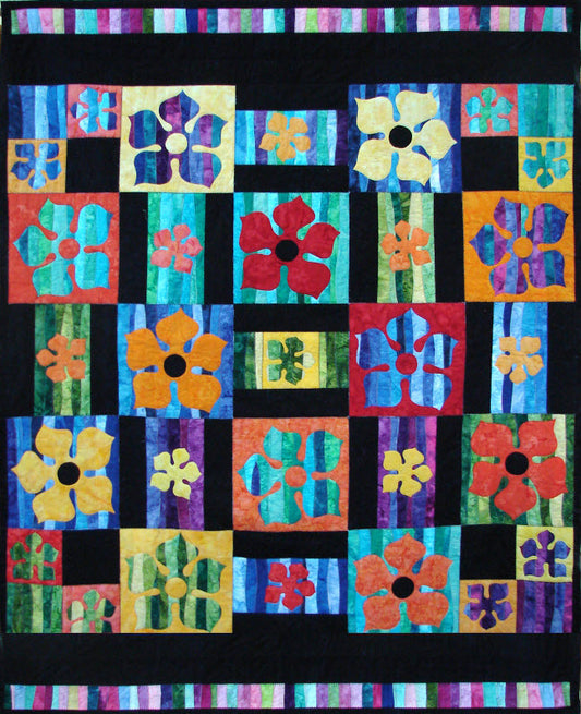 Colorful applique flowers quilt pattern using pre-cut jelly rolls and charm squares - rectanglar version