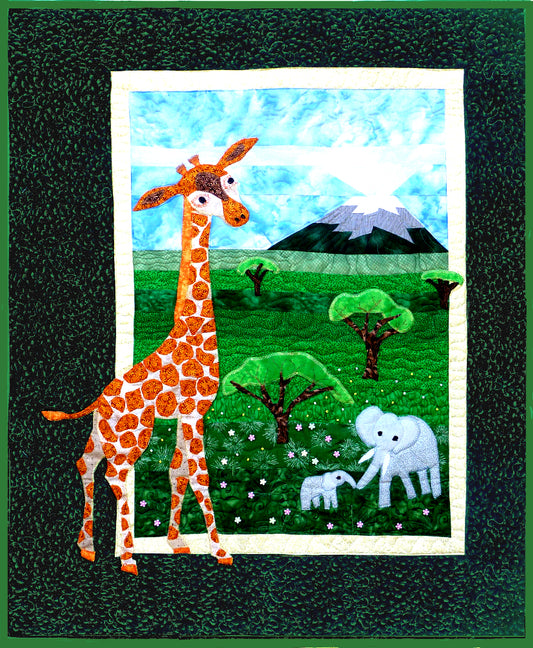 baby quilt pattern with giraffe and elephants in Africa.