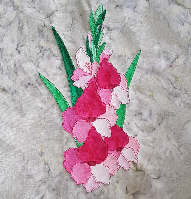 applique gladiolus flower block in pink pattern. 1 of more than 55 flower blocks by Ruth Blanchet